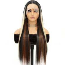 26 Inch 13x4 HD Lace Frontal Wigs Long Straight Black Wigs Synthetic Heat Resistant Fiber Hair Wig Premium Natural Orange Highlights Silk Straight 13*4 Hairpiece Wigs For Women With HD Transparent Lace Glueless Lace White Highlights Natural Straight Wigs 200% Density Wigs - 彩色 - 查看 2