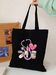 1pc Nurse Stethoscope Pattern Casual Minimalist Shoulder Bag, Tote Bag/Shoulder Bag, Minimalist Bohemian Style Handbag, Gift For Nurses, Teachers, Female Friends, Suitable For Work, Travel, Shopping, Vacation, Best Teacher's Day Gift, Bohemian Style Women's Clothing, Boho - Black - View 2