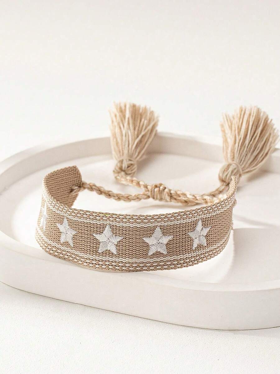1 Stück Boho-Stil besticktes Stern Dekor Freundschaftsarmband - Weiss - Übersicht 1