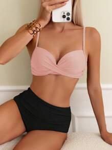 1 件女式花卉印花性感衬垫比基尼泳装，图案随机 - 粉加黑 - 查看 1