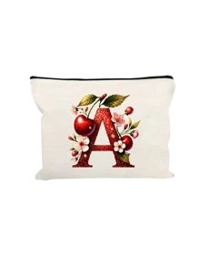 Witte make-uptas van polyestervezel, kleine witte tas, glanzend gouden kersenrode letters A-Z bedrukt patroon, make-uptas, draagbare toilettas, Moederdagcadeau, perfect cadeau voor moeders, herbruikbare make-uptas, eenvoudige grote capaciteit reismake-uptas voor vrouwen, oortelefoon, datakabel, accessoire-opslag, muntzak, multifunctioneel draagbaar cadeau voor vrouwen