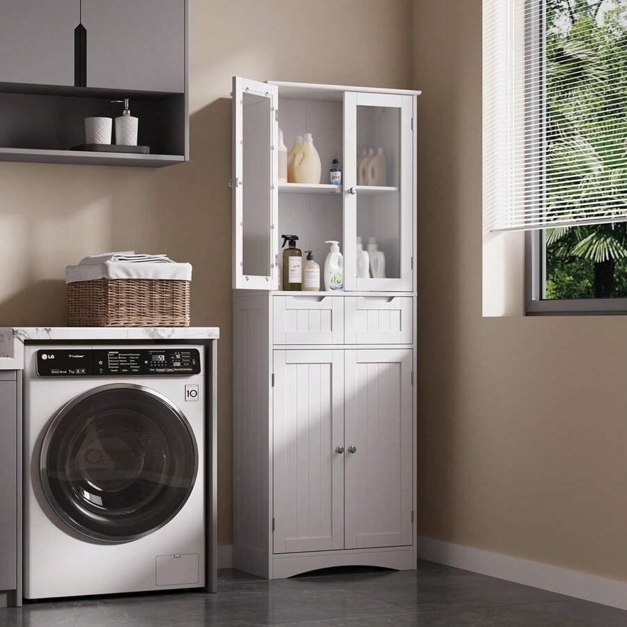 Asofer Kitchen Cabinet, Kitchen Cabinets With 2 Cabinets And 2 Drawers, Kitchen Pantry With Anti-Tilt Design, Wooden Kitchen Cabinet For Kitchen, Living Room, Dining Room, Laundry Room - trắng - Xem 1