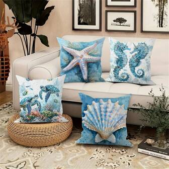 4pcs Summer Ocean Series Throw Pillow Covers: Ocean Creatures Shell Seahorse Turtle Print Pillow Shams - Hand Wash Only, Zip Closure, Suitable For Living Room Decor (Pillow Inserts Not Included) Gifts Birthday Graduation