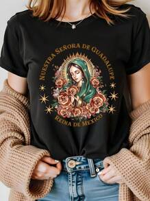 Our Lady Of Guadalupe Praying For USB - Soft Polyester, Casual Fit, Round Neck, Short Sleeve Women's T-Shirt With Intricate Floral Print Design - Machine Washable, Ideal For Summer - màu đen - Xem 1