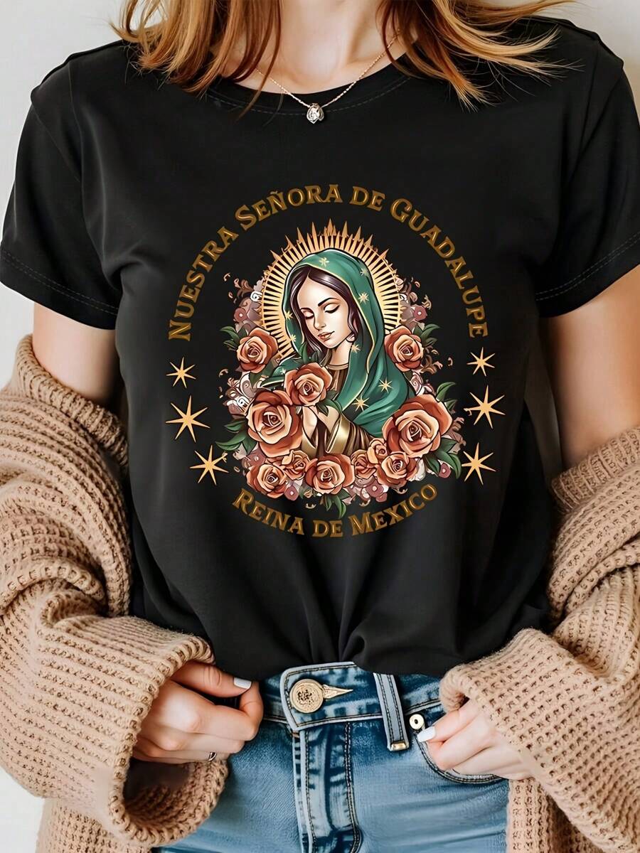Our Lady Of Guadalupe Praying For USB - Soft Polyester, Casual Fit, Round Neck, Short Sleeve Women's T-Shirt With Intricate Floral Print Design - Machine Washable, Ideal For Summer - màu đen - Xem 1