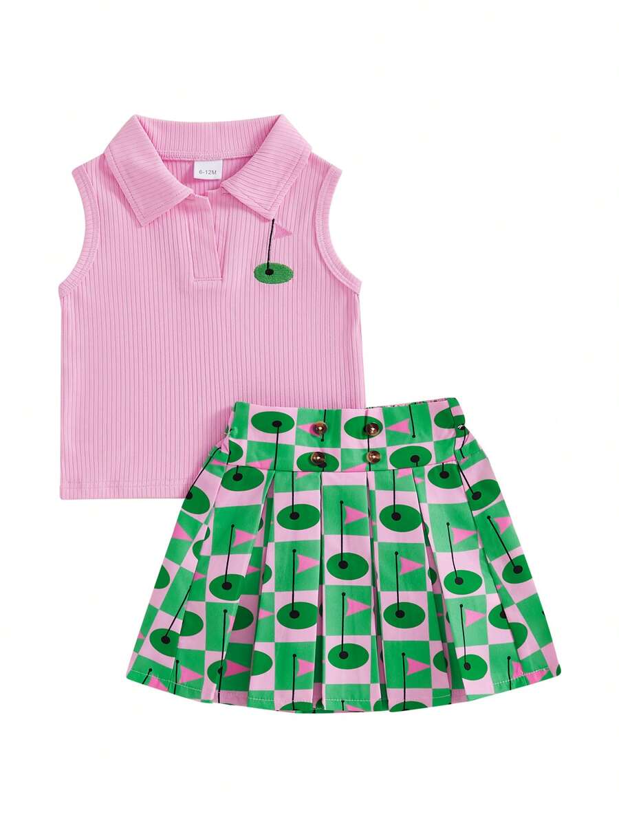 Kids Girl 2 Piece Outfit Lapel Sleeveless Tank Tops And Golf Print Pleated A-Line Skirt Set For Toddler Summer Clothes - Green - View 1