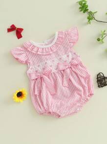 Baby Girls Plaid Bow Embroidery Romper - Ruffled Sleeveless Jumpsuit For Infants - Pink - View 6