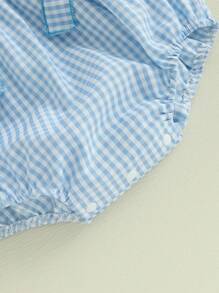 Baby Girls Plaid Bow Embroidery Romper - Ruffled Sleeveless Jumpsuit For Infants - Blue - View 9