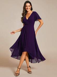 Elegant Ruffle Hem Contrast Color High-Low A-Line Midi Chiffon Plum Bridesmaid Dress, Wedding Guest Dress, Mother Of The Bride Dress, Autumn Spring - Purple - View 5