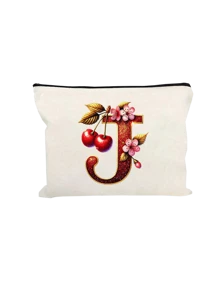 Witte make-uptas van polyestervezel, kleine witte tas, glanzend gouden kersenrode letters A-Z bedrukt patroon, make-uptas, draagbare toilettas, Moederdagcadeau, perfect cadeau voor moeders, herbruikbare make-uptas, eenvoudige grote capaciteit reismake-uptas voor vrouwen, oortelefoon, datakabel, accessoire-opslag, muntzak, multifunctioneel draagbaar cadeau voor vrouwen