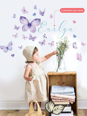 1 יחידות 120x30 ס"מ / 47.2x11.8 אינץ' מדבקת קיר בהתאמה אישית עם שם פרפר - עיצוב פרחוני עם שם אישי - עיצוב חדר ילדים או חדר ילדים חזרה לבית הספר