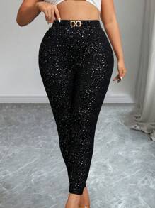 Women Plus Size High Waist Bodycon Long Knitted Pants - Black - View 1