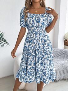 Women's Casual Vacation Elastic Drawstring Short Sleeve Ditsy Floral Dress, Spring/Summer