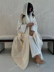 1pc Fashionable Minimalist Contrast Color Block Sleeve Hem Solid Color Robe, Long Robe Abaya Suit For Daily, Festivals