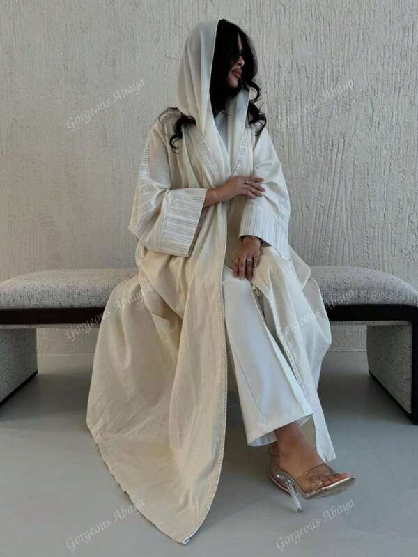 1pc Fashionable Minimalist Contrast Color Block Sleeve Hem Solid Color Robe, Long Robe Abaya Suit For Daily, Festivals, Modest Kaftan