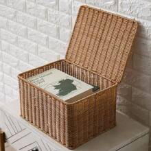 1pc Synthetic Rattan Woven Covered Storage Box Dustproof Desktop Organizer Household Storage Basket - Coffee Brown - View 12