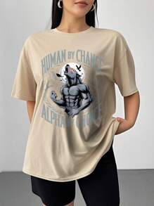 Oversized Style For Women, Human By Chance Alpha By Choice Wolf Shirt, Vintage 90s Style Wolf Graphic Shirt, Wolf Emo Meme Shirt, Wolf Sigma Shirt, Goth Gift, Oversize Type Shirt For Women, Perfect For Holiday Parties Or Gift Giving, Soft And Comfortable - 杏色 - 查看 2