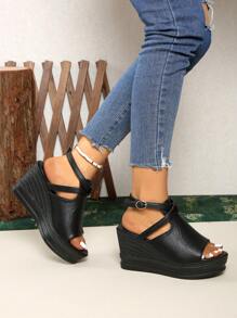 Women's Solid-Color Wedge Sandals, Casual Open-Toed Platform Shoes, Comfortable Buckle Sandals - Black - View 7