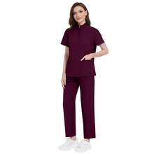 1 Set Women Stand Collar Zipper Short Sleeve Scrub Suit, Made Of Polyester Frosty Fabric, Loose Fit Nurse Scrub Uniform, Suitable For Hospital Work, Scrub Uniform Set - Burgundy - View 6