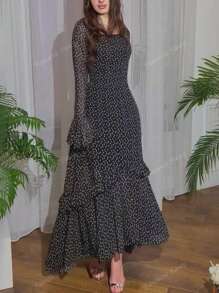 Vestido irregular con parches de manga de volantes de gasa con lunares para mujer