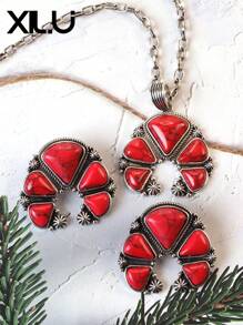 1 set de collar con colgante y aretes de estilo retro y país del oeste antiguo con diseño exagerado de color turquesa al estilo del Día de San Valentín para mujeres