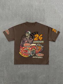 男士时尚街头服饰文字与赛车图案宽松棕色短袖 T 恤 - 咖啡棕 - 查看 1