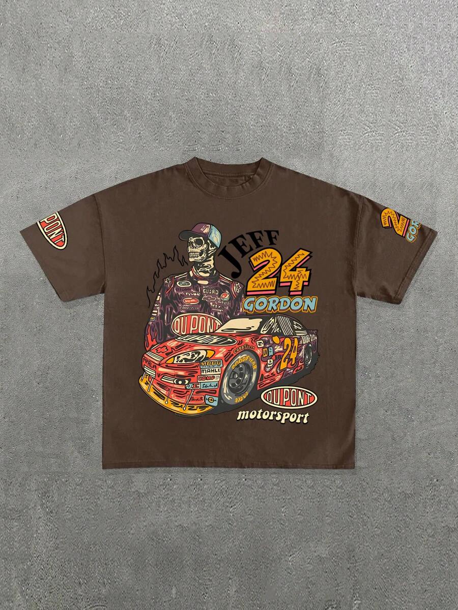 男士时尚街头服饰文字与赛车图案宽松棕色短袖 T 恤 - 咖啡棕 - 查看 1