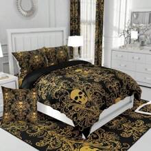 Erosebridal 2/3 Pcs Adults Damask Bedding Set, Antique Victorian Baroque Comforter Set, Soft And Comfortable Gothic Vintage Floral Quilt Set, Exotic Sugar Skull Gothic Bone Skeleton Bohemian Decor For Bedrooom Guest Room - Perfect Presents, Microfiber(YellowBlack) - 黃色黑色 - 查看 6
