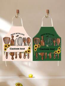 1pc Personalized Apron With Pockets, Mama Apron Made With Love, Custom Text And Background, Valentine, Mother's Day Or Birthday Gift For Mother Or Grandma - Multicolor - View 2