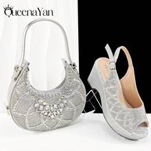Women Open Toe Platform High Heels & Moon Shaped Handbag Set, Adjustable Strap, Elegant And Minimalist Design, Suitable For Party And Daily Wear