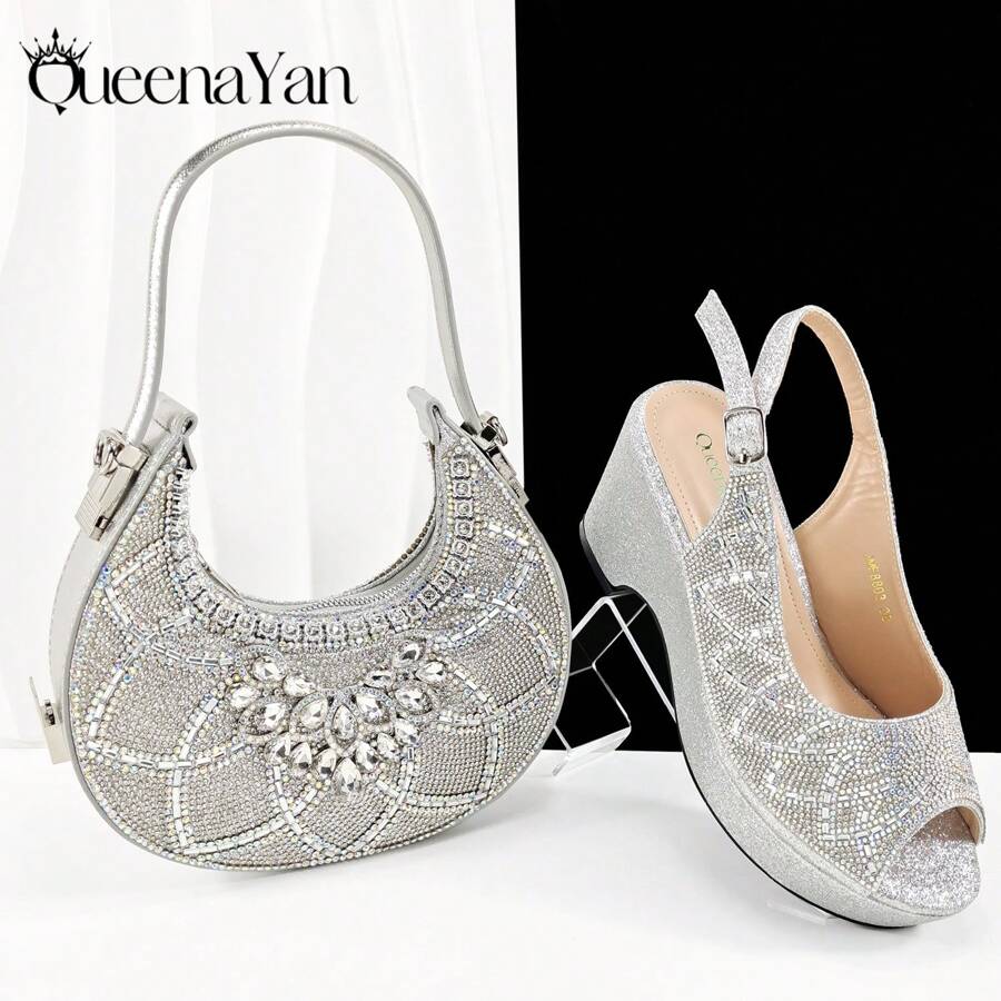 Women Open Toe Platform High Heels & Moon Shaped Handbag Set, Adjustable Strap, Elegant And Minimalist Design, Suitable For Party And Daily Wear