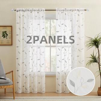 2 片透明涤纶刺绣叶子图案窗帘，适用于客厅和卧室、家居装饰，带杆袋，方便安装