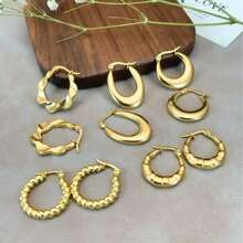 5 Pairs Vintage Gold Plated Stainless Steel Twisted Hoop Earrings For Women, Creative Twisted Bamboo Hoop Earring Small Loop Jewelry Gift