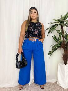 Women's Plus Size Pants With Belt Tailored Formal Pantaloons - Royal Blue - View 2