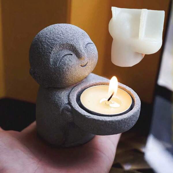 1pc Cute Little Monk Tealight Holders Mold Symbolizing Good Blessing DIY Aromatherapy Tower Incense Tray Cement Resin Silicone Mold DIY Home Decor