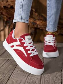 Women's Solid Color Casual Sneakers, Lace-Up Soft Bottom Thick Sole Skateboard Shoes, Versatile Low-Top Comfortable Shoes