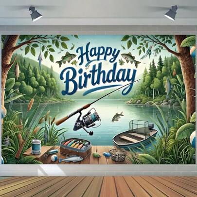 1pc Polyester Fishing Theme Birthday Backdrop Banner, Reusable For Outdoor And Indoor Photography, Suitable For Birthday & Anniversary Celebration, Home Decor