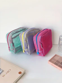 1pc Spring New 3 Colors Mesh Small Square Makeup Bag Travel Mini Solid Color Cosmetic Storeage Pouch - Multicolor - View 2