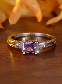 优雅简约 925 纯银公主方形切割紫水晶戒指，适合婚礼、订婚、周年纪念、生日礼物 - 紫色 - 查看 1