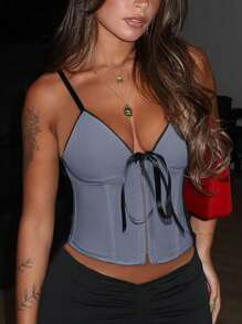 Y2K Grommet Eyelet V Neck Trim Contrasting Ribbon Bowknot Front Overbust Boned Corset Bustier Shapewear Crop Cami Top Music Festival - 灰色 - 查看 7
