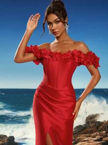 Toosun Elegant 3D Hand Floral Decor Formal Evening Gown Slim Fit And Fishtail Hem Design And High Slit Hem, Party Dress, Wedding Guest Dress, Evening Dress - Red - View 10