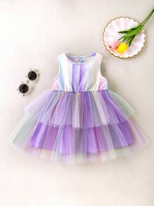 Baby Girls' Sleeveless Rainbow Mesh Patchwork Cake Layered Princess Dress, Summer Vest Sundress,Festive Party Dress - Multicolor - View 2