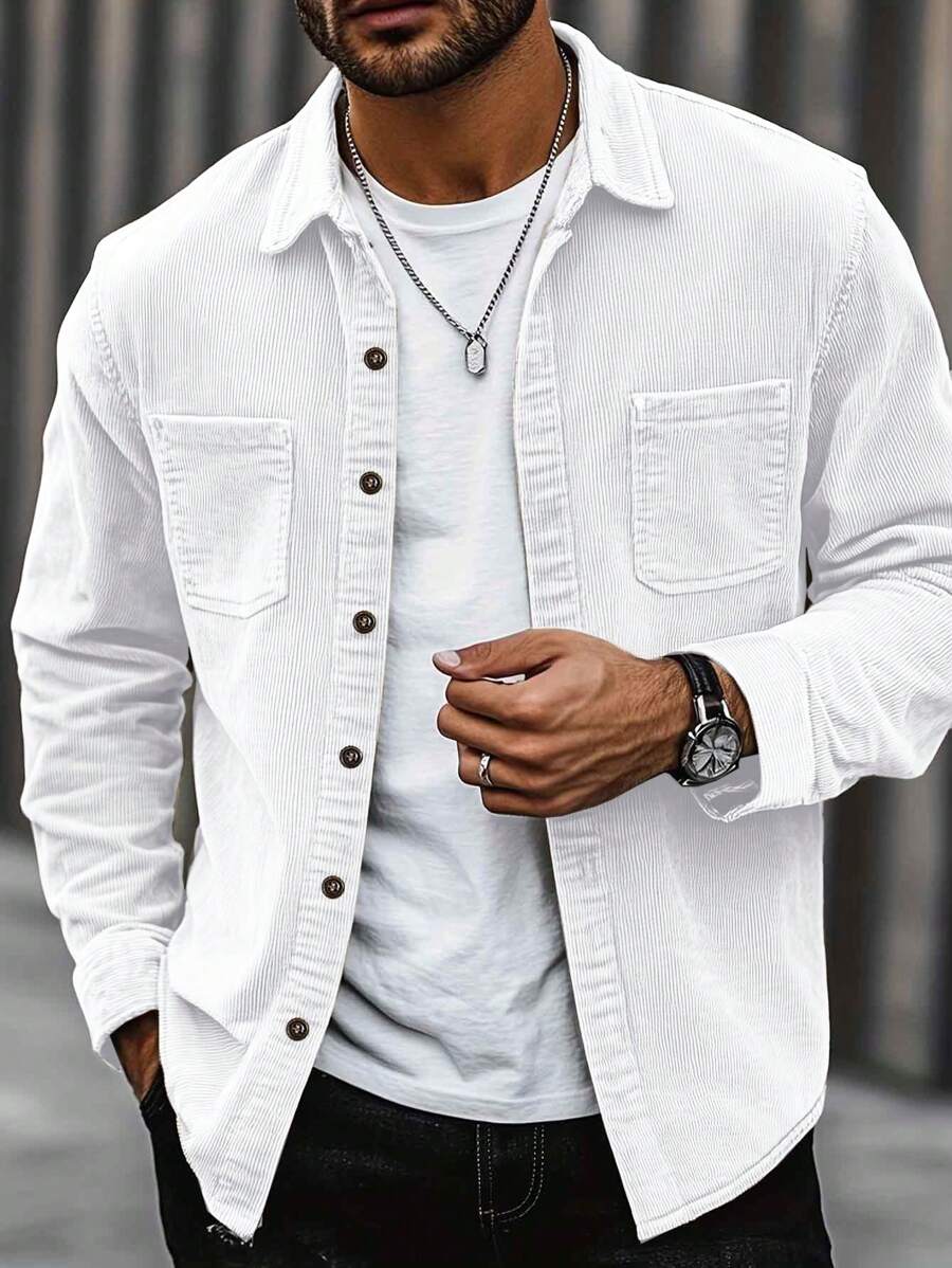 Corduroy Fabric Men Casual Shacket, Lapel Collar Button Down Long Sleeve Cardigan With Dual Pockets, Suitable For Daily Casual, Commuting, Streetwear, Spring Autumn - 白色 - 查看 1