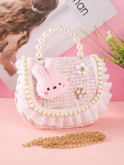 1pc Cute Plush Rabbit Pearl Ruffle Decor PU Felt Material Flap Closure Fashion Beaded Handbag Chain Shoulder Bag Casual Snack/Coin Purse, Suitable For Holiday Gifts And Daily Use