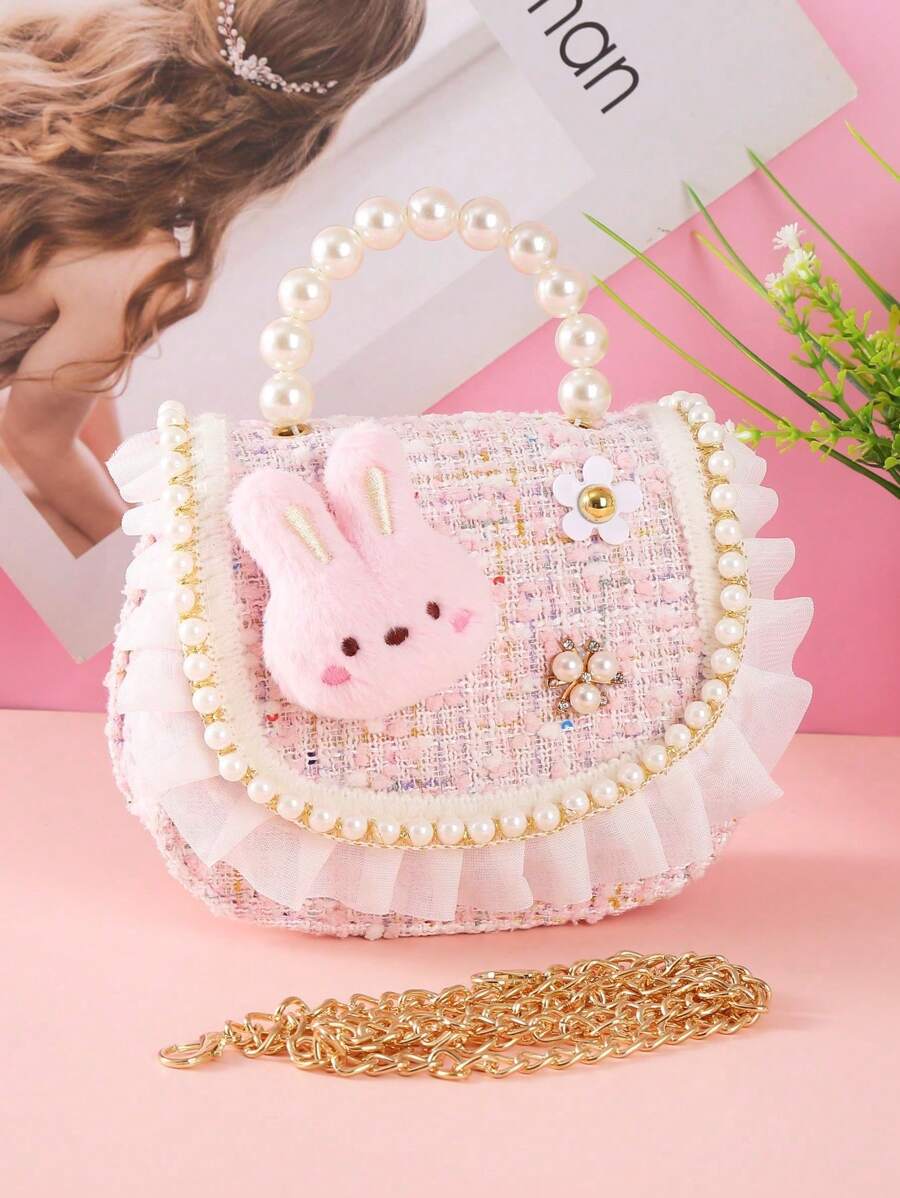 1個可愛毛絨兔子珍珠荷葉邊裝飾 PU 仿皮毛翻蓋式時尚串珠手提包 女孩鏈條斜挎包 休閒零錢包 適合節日禮物與日常使用 - 半圓毛呢兔子 - 查看 1