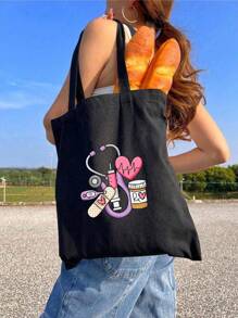 1pc Nurse Stethoscope Pattern Casual Minimalist Shoulder Bag, Tote Bag/Shoulder Bag, Minimalist Bohemian Style Handbag, Gift For Nurses, Teachers, Female Friends, Suitable For Work, Travel, Shopping, Vacation, Best Teacher's Day Gift, Bohemian Style Women's Clothing, Boho - Black - View 6