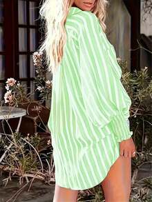 Fashion Me Striped Pattern Cuff Pullover Drop Shoulder Shirt, Shirt Collar, Loose Fit, Polyester Fabric, Green Casual Shirt, Minimalist Versatile Daily Wear, All Season Spring - Green - View 2