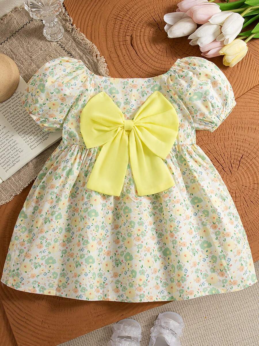 Summer Baby Girl Puff Sleeve Bow Decorated Sweet Princess Dress, Girls Party Holiday Dress - Green - View 1