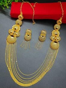 2 件时尚女士金流苏长项链和耳环套装，适合中东、欧洲、非洲新娘婚礼派对、圣诞节、情人节、母亲节、节日礼物、项链和耳环首饰套装、身体链 - 金黃色 - 查看 2