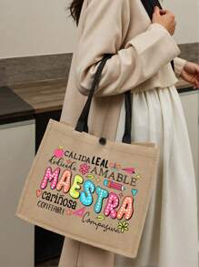 Túi tote và túi đựng mỹ phẩm bằng vải lanh họa tiết chữ cái Maestra, túi quà tặng Ngày Nhà giáo, ví đựng tiền xu có quai dây thừng, quà tặng Ngày Nhà giáo, túi mua sắm xách tay, túi đựng đồ gấp gọn nhẹ, túi mua sắm tối giản, túi quà tặng cho y tá, bác sĩ, quà tri ân thầy cô. - Màu Khaki - Xem 2